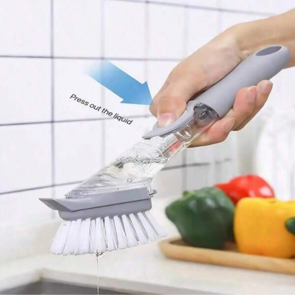 1pc Automatic Liquid Dish Brush, Long Handle Scrub Brush With Soap Dispenser For Kitchen Pots, Pans, Dishes, No-Scratch Bristles, Easy Grip, Household Cleaning Tool