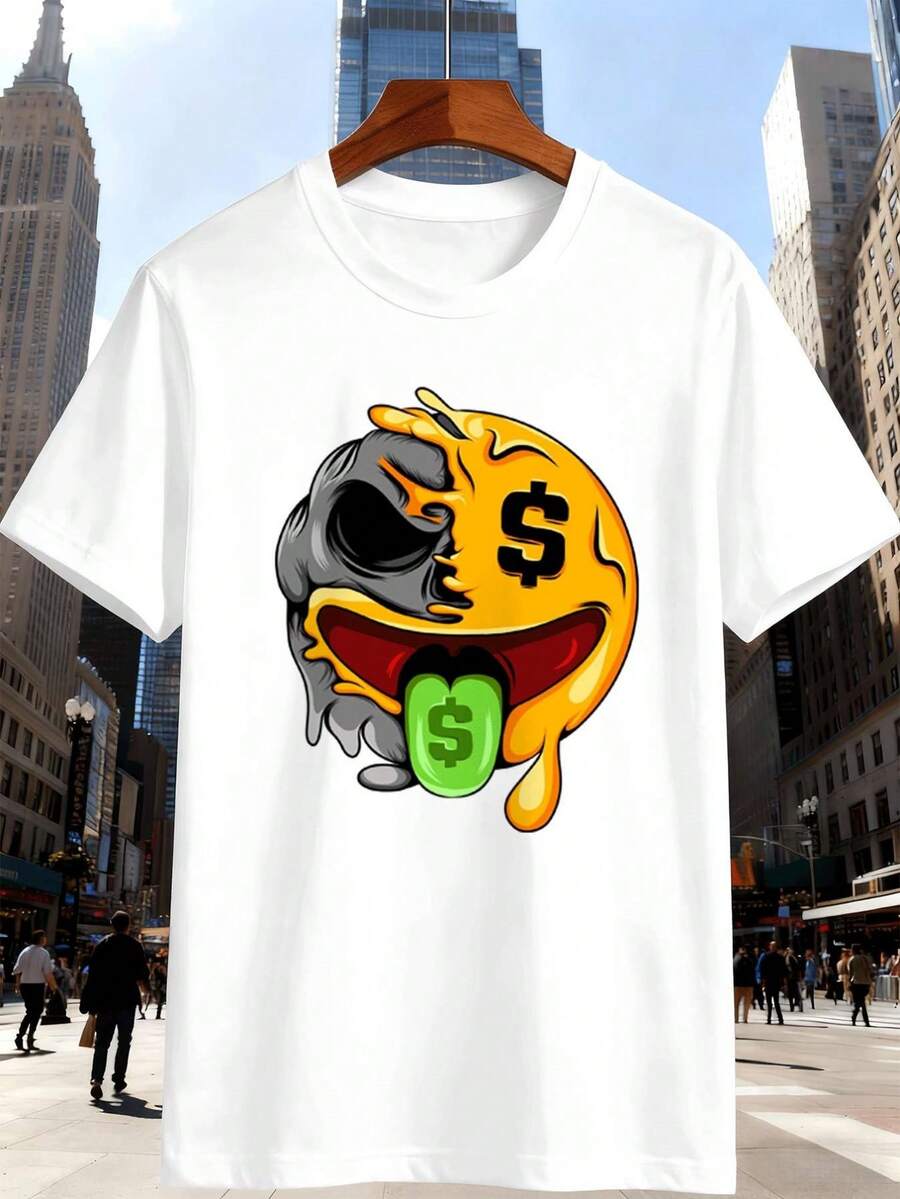 Herren-T-Shirt mit Totenkopf-Motiv und Geldtropfen-Print, Rundhalsausschnitt, lockere Passform, l?ssig, bequeme Passform, Kunstdruck - Weiss - Übersicht 1