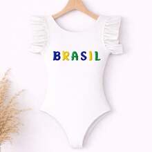 Brazilian Girl's Bodysuit, Fan Theme, Children's/Teenager's Size, Ruffled, World Cup Design, New Release, Suplex Fabric, No Closure, Comfort And Quality - 白色 - 查看 2