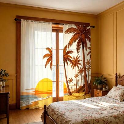 2 pezzi Tende trasparenti stile costiero con stampa vintage di palme e oceano al tramonto, stampa piatta 2D, adatte per la decorazione estiva di soggiorno e camera da letto.