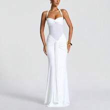 Sexy Spaghetti Strap Backless Waist Cinched High Slit Dress, Mesh Patchwork Vacation Party Dress Women's Fishtail Slim Fit Slip Dress Elegant Long Prom Dress For Spring & Summer - trắng - Xem 2