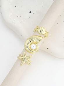 3pcs Seashell, Starfish, Conch Shaped Boho Vintage Style Rings, Classic Gold Color Fashion Rings For Women - Gold - View 6
