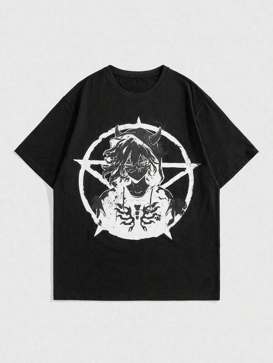 ROMWE MEN Dam-T-shirts, Sommar-T-shirt med unikt mörkt anime-tryck, Casual Unis-ex T-shirt, Fan Graphic T-shirt, 1 del, Unis-ex T-shirt, Matchande set för familjen, Snygga toppar för vår och sommar, Favoritgrafiska T-shirts för män och kvinnor. - Svart - Visa 1