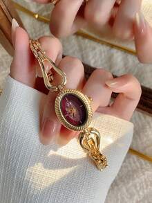 1pc Women's Oval Silver-Black Square Gold-Tone Dial Quartz Casual Watch, Suitable For Daily Wear - Burgundy - View 7