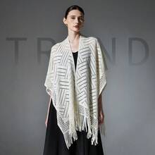 New Spring, Summer, And Autumn Women's Solid Color Fringed Thin Knitted Hollow-Out Shawl - 04# Off-white - View 3