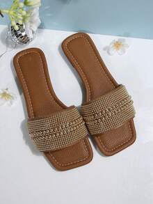 1 Pair Plus Size Shiny Gold Color, Rhinestone & Double Pearl Decor Slides, Elegant & Fashionable For Party, Vacation, Beach, Comfortable Slip-On Flat Mules Sandals, Suitable For Daily Wear, Size 41-42-43 - Chocolate Brown - View 6