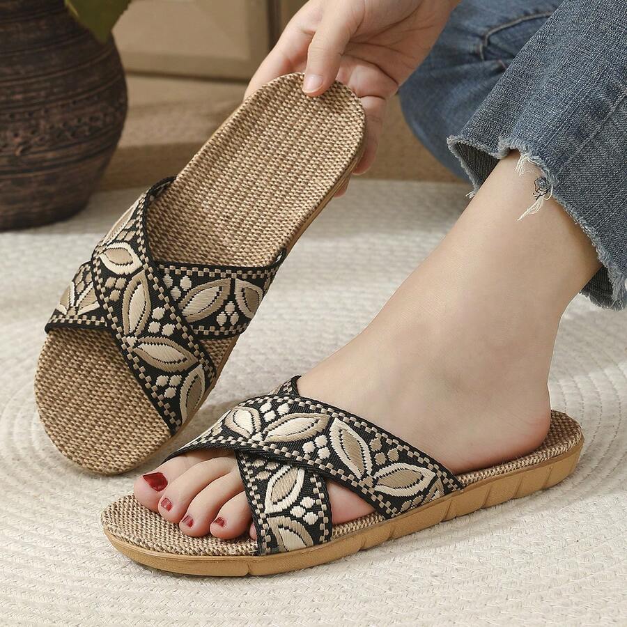 Women's Criss-Cross Linen Slippers, Retro Floral Pattern, Breathable Indoor Floor Slippers For All Seasons - Black - View 1