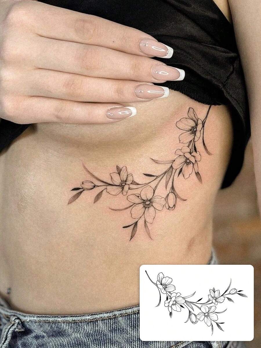 1张时尚防水百合花线条艺术临时纹身贴纸,持久渐变花卉腰部侧边纹身贴纸,适合人群 - 黑色 - 查看 1
