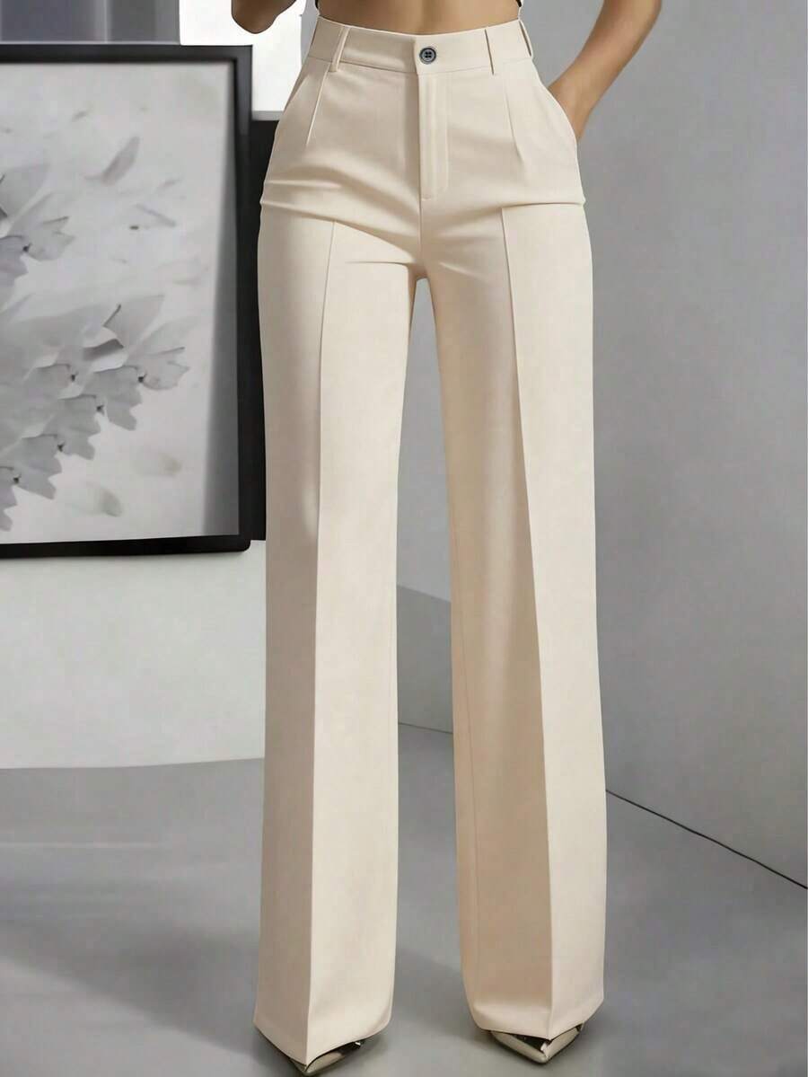 Pantalones rectos de unicolor versátiles y de moda, color blanco, para primavera - Albaricoque-1 - Ver 1