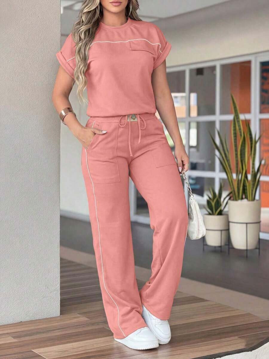 Conjunto de 2 piezas de top de manga corta de cuello redondo minimalista de unicolor y pantalones rectos de cintura alta para mujer, primavera/verano - Rosa 11 - Ver 1