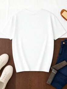 Bonita camiseta blanca informal para mujer con estampado de leopardo, corazón y gráfico de amor, manga corta, cuello redondo, corte regular. - Blanco - Ver 3