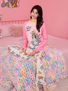 Noctvar OBM Sleepwear X TOM & JERRY 聯名款小姐甜美粉紅色拼接睡衣+卡通印花長袖長褲舒適柔軟睡衣套裝 - 彩色 - 查看 4