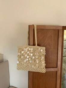 Niche Luxury Spring/Summer Woven One Shoulder Bag, Large Capacity Women's Handbag, Hollow Handmade Crochet Bag - Apricot - View 7