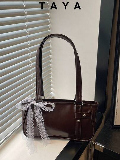 1pc Coffee-Color Metal Rivet Decor Solid Color PU Baguette Bag. Suitable For Night Outing, Street Style And Dating, Multipurpose Small Shoulder Handbag, Suitable For Young Girls