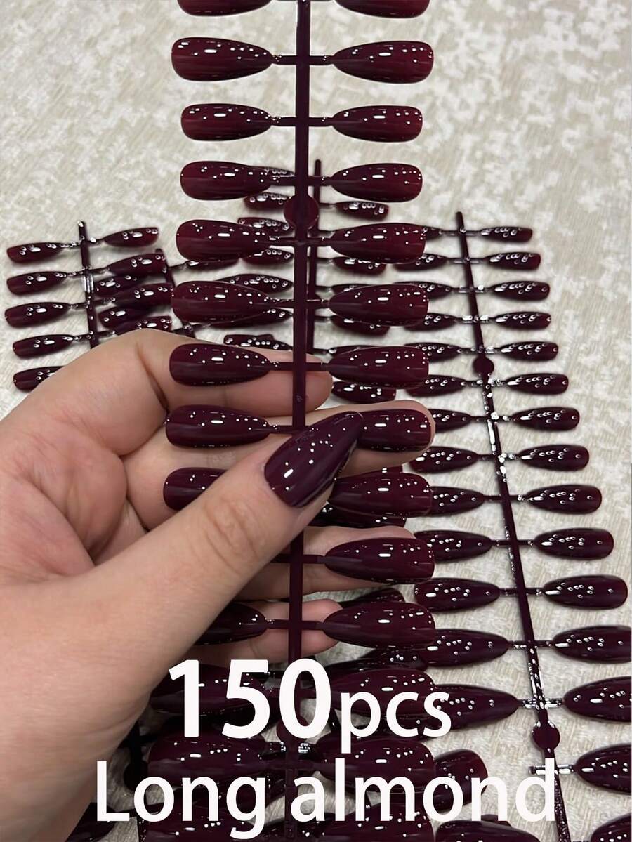 150片杏仁形酒红色美甲贴纸,简约法式美甲设计,完美贴合的长款杏仁形亚克力假指甲套装,包含:1瓶甲油胶和1个指甲锉 - 彩色 - 查看 1