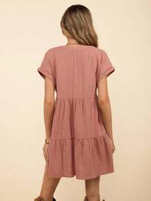 Vestido de muñeca de bebé de manga corta y ala de murciélago con volantes, escote de pico con muescas y unicolor para mujer en verano - Rosa vieja - Ver 3