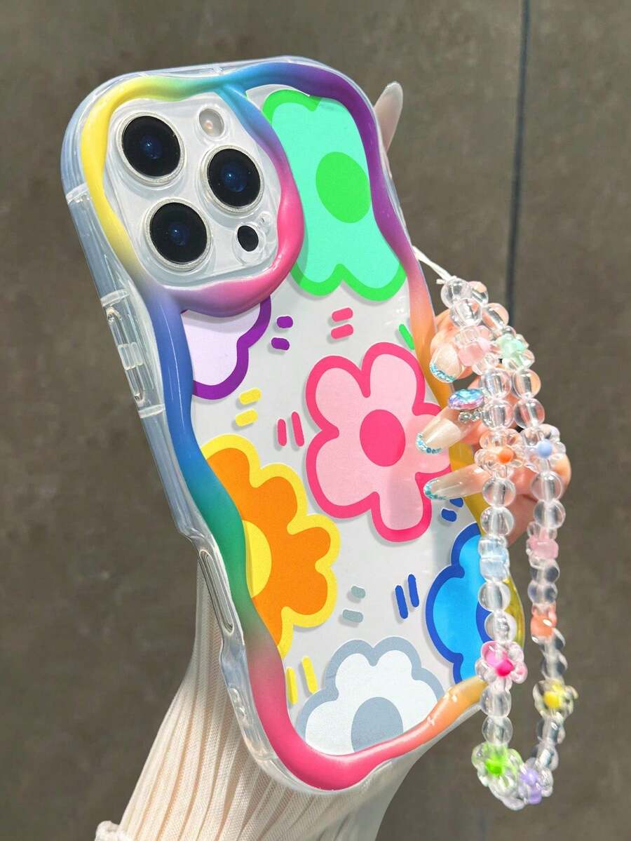 炫彩彩虹波浪边 + 卡通花卉彩绘亮面奶油色波浪边可拆卸手链印花保护壳，兼容 15/16/17 Air、15 Pro Max、Apple P13、P14、P11、P12、XS、XR、7/8P、7/8G、ES2 - 彩色 - 查看 1