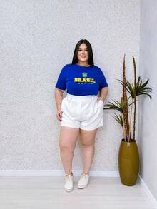 Brazil Women's Plus Size Premium T-Shirt, 100% Cotton, Casual World Cup Blouse - 套件 02 藍/黃 - 查看 3