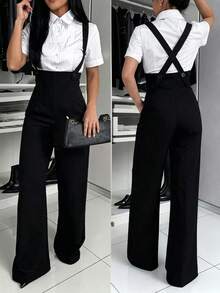 Bộ jumpsuit nữ thanh lịch, màu trơn, không tay, ống rộng, phiên bản mùa hè, thích hợp cho công sở và mặc thường ngày. - màu đen - Xem 9