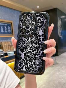 1pc Ball Texture Black Flower Camera Shockproof Phone Case, UV Printed Wavy Design Compatible With Apple/Galaxy//// - Black - View 6