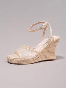 Lace Embroidered Jute Rope Platform Wedge Open Toe Sandals, Waterproof Thick Sole Casual High Heel Slippers, Summer Holiday Fashion Women's Shoes - Apricot - View 20
