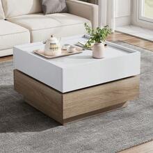 Functional Coffee Table, Living Room Table, 360° Rotating Top With 2 Shelves And Storage Cabinet, Side Table With Walnut Frame For The Living Room, White, 60*60*38cm - Natural White - View 5