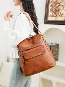 [Retro Texture . Multi-Use] Genuine Leather Women's Backpack, Korean Style Casual Tassel Backpack, Fashionable Commuter Travel Laptop Bag For Diverse Scenarios Such As The Workplace, Campus, And Travel, Effortlessly Creating A Sophisticated Atmosphere. Comfortable Shoulder Straps Reduce Burden - Multicolor - View 9