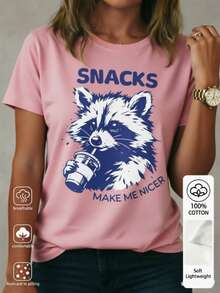 Limited Edition Women's And Unisex Soft Loose Vintage Nyangan/Raccoon Dog-Shirt - Snacks Make Me Friendlier Design, Casual Crew Neck Style, Suitable Daily Wear And Animal Lover Apparel Soft Tee - Pink - View 4