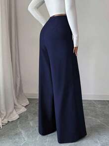Pantalones Pierna Ancha para Mujer 2026, Cintura Alta, Diseño Envolvente Asimétrico con Lazo, Pantalones Fluidos Elegantes de Vestir para Oficina, Casuales para Primavera y Otoño - azul real - Ver 2