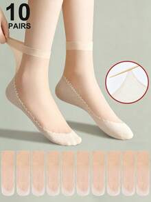 10 Paar Damen Einfarbige Socken, Rutschfeste Hautfarbene Strümpfe, Dünne Atmungsaktive Knöchelsocken, Vielseitige Pendler Transparente Kurze Socken für Frühling/Sommer - Aprikosenfarben - Übersicht 1