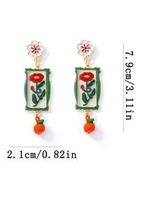 2 pezzi/set Orecchini con dipinto floreale vintage, orecchini pendenti arancioni di design di nicchia, accessori gioiello in smalto, adatti per outfit quotidiani estivi, pendolarismo, appuntamenti, versatili, regali di alta gamma per fidanzate - Multicolore - Visualizzare 4
