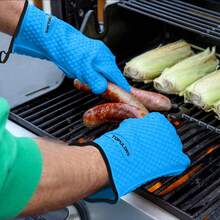 Heat Resistant Silicone Gloves For Cooking, Grilling, And BBQ Non-Slip Grip, Five-Finger Design With Inner Cotton Layer - Perfect For Handling Hot Food, Meat, And Potholders Inner Cotton Layer- Blue - ColorA - View 8