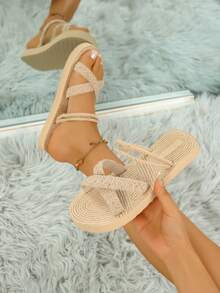 女士夏季新款时尚沙滩平底拖鞋，简约休闲旅行沙滩日常穿着平底凉鞋 - 卡其色 - 查看 8