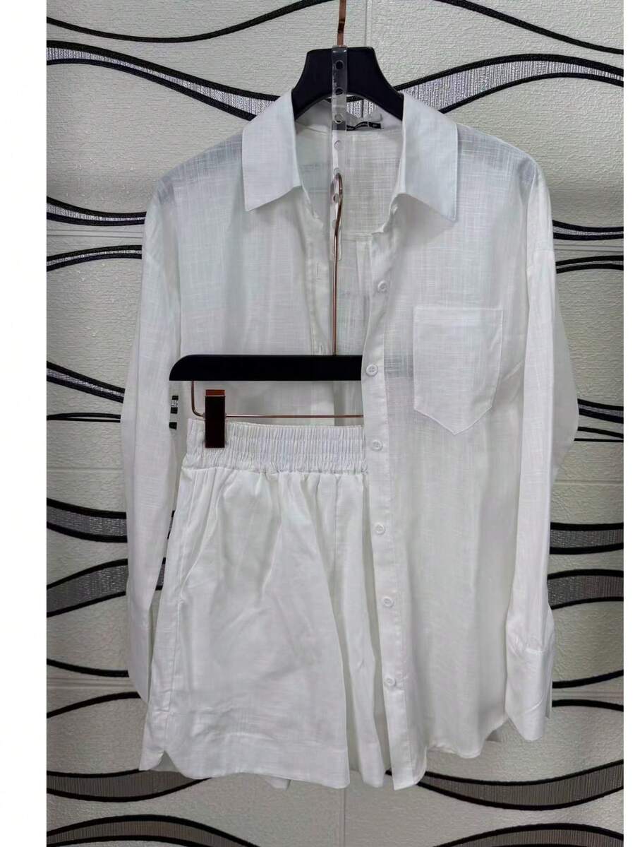 Linen Shirt And Shorts Set (2 Pieces) - Branco Elastico - View 1