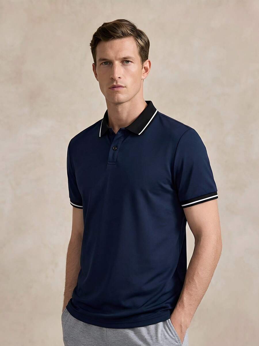 Courvante 男士夏季休閒短袖撞色修身Polo恤 - 寶藍色 - 查看 1