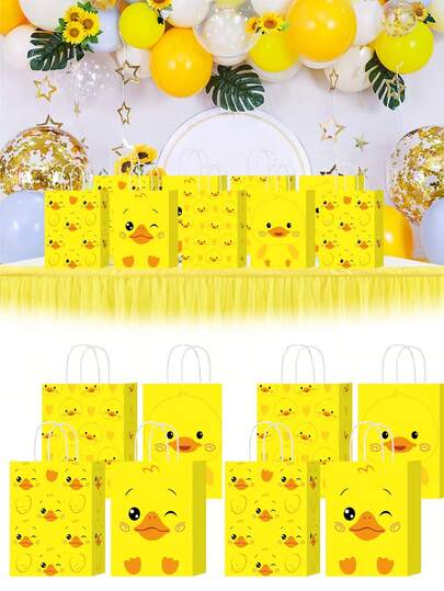 2pcs Yellow Duck Gift Bags, Printed Kraft Paper Bags With Handles, Suitable For Birthday Party, Wedding, Candy Bags, Daily Use, Family Gathering, Theme Scene Desktop Gift Bags, Party Favor Bags