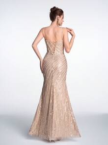 Women's Solid Color Sequin Strapless Elegant Evening Dress Wedding Party - Champagne - View 3