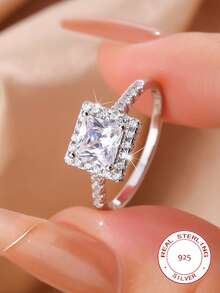 1pc Silver Square Center Diamond Surrounded By Pave Diamonds Ring, Delicate Full Pave Thin Band Luxury Jewelry, Suitable For Daily Wear, Dates, Gift For Lover, Friend, Girlfriend, Women's Quality Jewelry - Silver - View 2