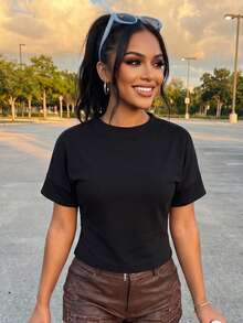 Camisetas de verano para mujer, de moda, color liso, cuello redondo, corte ajustado, manga corta, estilo streetwear. - Negro - Ver 5