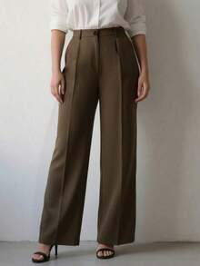 Pantalones holgados de cintura alta con pliegues, aptos para el trabajo y el uso casual, primavera/verano - Marrón - Ver 6