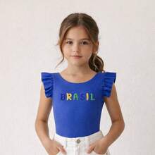 Brazilian Girl's Bodysuit, Fan Theme, Children's/Teenager's Size, Ruffled, World Cup Design, New Release, Suplex Fabric, No Closure, Comfort And Quality - Royal Blue - View 1