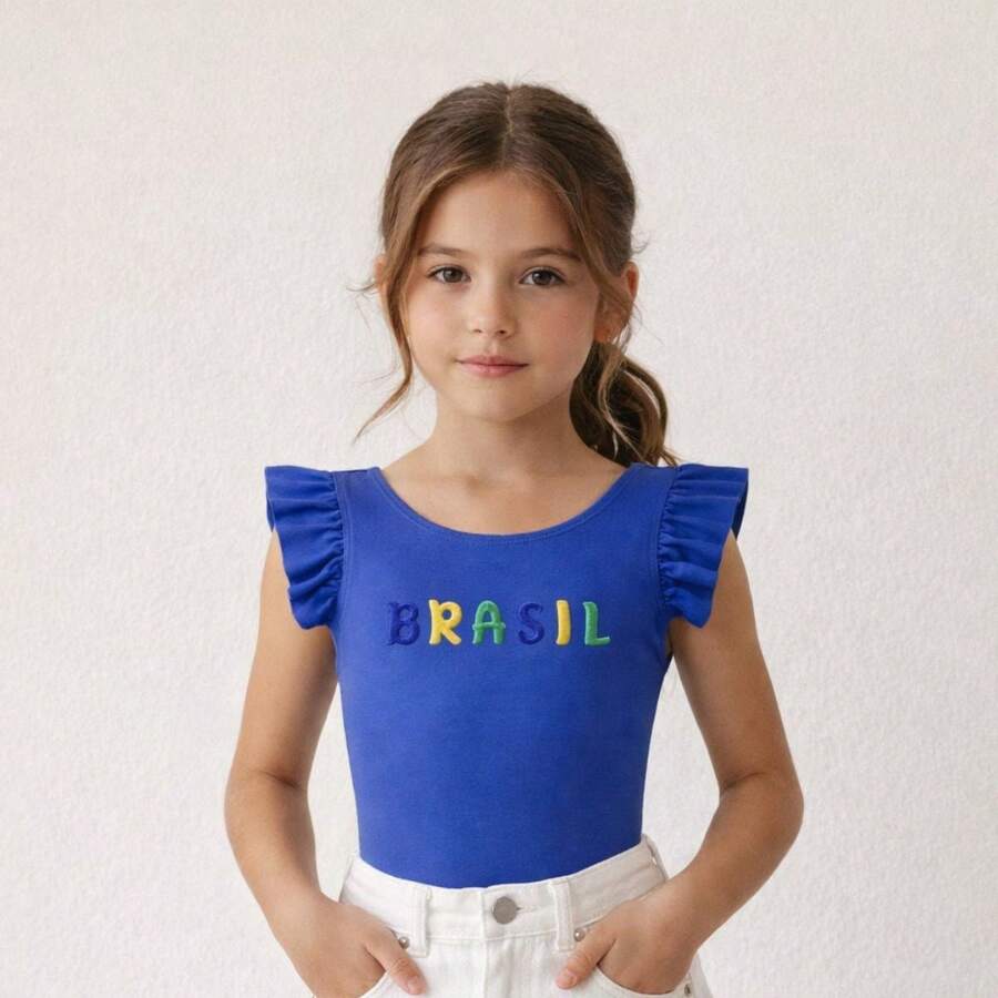 Brazilian Girl's Bodysuit, Fan Theme, Children's/Teenager's Size, Ruffled, World Cup Design, New Release, Suplex Fabric, No Closure, Comfort And Quality - Royal Blue - View 1