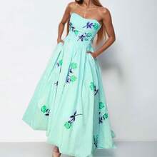2026 Spring New Women's Fashion Printed Dress Elegant High-Waisted Flared Strapless Gown Long Dress - 杏色 - 查看 4