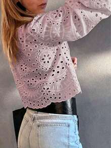 Solid Color Embroidered Ruffle Tie Front Vacation Shirt Pink Summer - Pink - View 7