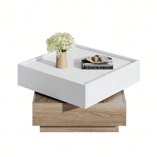Functional Coffee Table, Living Room Table, 360° Rotating Top With 2 Shelves And Storage Cabinet, Side Table With Walnut Frame For The Living Room, White, 60*60*38cm - Natural White - View 1