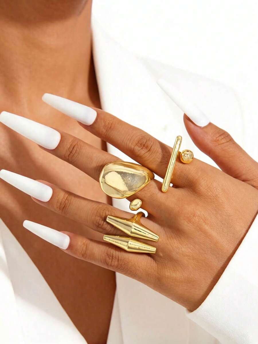 3pcs/Set Modern Minimalist Art Style Zinc Alloy Water Drop & Double Cone Half Ball Rings Set, Suitable For Women Daily Stacking Jewelry Gift
