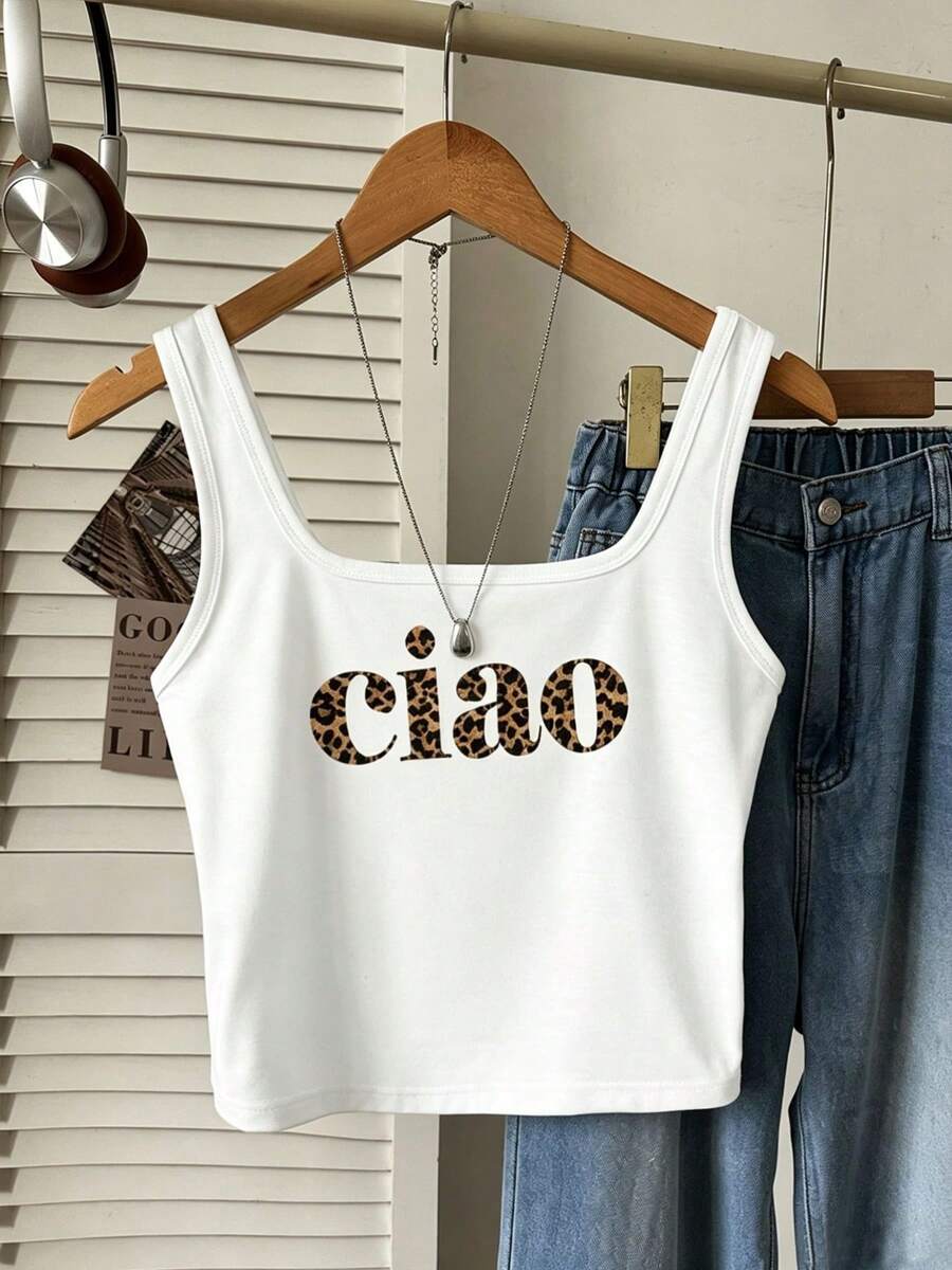 Áo tank top nữ dáng ôm, cổ chữ U sâu, in họa tiết da báo, màu trắng, không tay, dây đeo dày, thích hợp mặc đi nghỉ mát, mặc thường ngày. - trắng - Xem 1