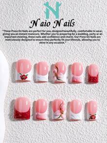NAIO Bộ 10 móng giả dán thủ công, 3 kích cỡ: hình quan tài/hình hạnh nhân/hình vuông ngắn, phong cách Y2K cá tính, màu nude, đỏ, trắng và xanh lá cây với viền kiểu Pháp, móng giả có họa tiết ombre hồng, hoa, sóng, giọt sương và lá, chất liệu kem, phù hợp cho phụ nữ và bé gái, dự tiệc, sử dụng hàng ngày, kèm bộ dụng cụ, món quà tuyệt vời cho móng tay của phái nữ. - Nhiều màu - Xem 12