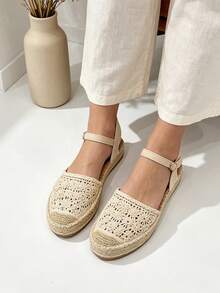 Women's Flat Sandals, Comfortable And Breathable Espadrilles, Woven Beach Sandals For Women, Jute Holiday Sandals For Women With Round Toe And Woven Hollow Design - Màu be - Xem 1
