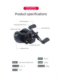 1pc Entry-Level Water Drop Reel, 7.2:1 High-Speed Gear Ratio, Max Drag 22lbs, Black Low-Profile Design, Equipped With 12-Level Magnetic Braking System, Metal Spool/Handle, Suitable For Fly Fishing - Multicolor - View 9